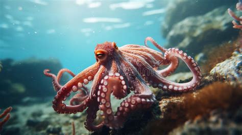 A Photo Of An Octopus Sitting On A Rock Underwater Generative Ai Stock