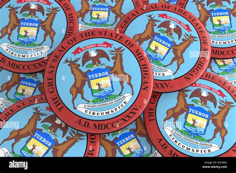 Us State Buttons Pile Of Michigan Seal Badges 3d Illustration Stock