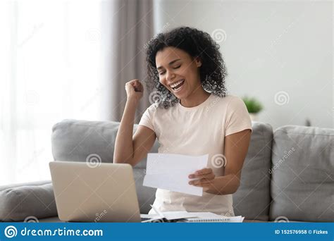 Excited Overjoyed Black Girl Student Read Good News In Letter Stock