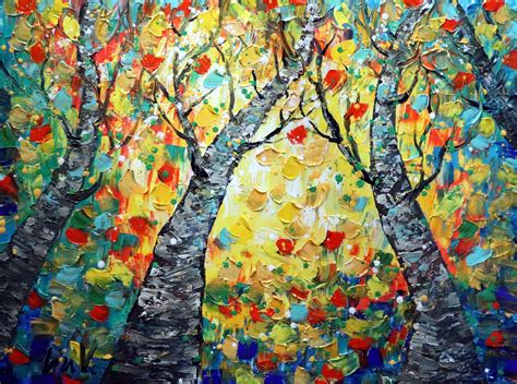 Fall Trees Oil Painting Original Art On Large Canvas Impasto Textured