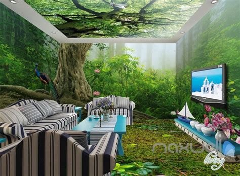 3d Forest Fog Tree Top Ceiling Entire Living Room Wallpaper Wall Mural