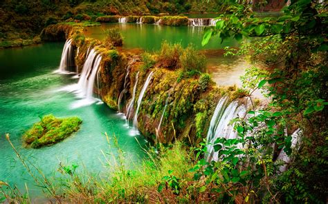 Beautiful Waterfall Nature Autumn Beautiful Green Grass Trees Hd Wallpaper 2560x1600