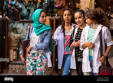 Fes Morocco Young Women In Modern Moroccan Dress Styles Walking In
