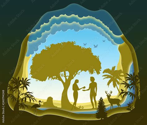 Adam And Eve Garden Of Eden The Fall Of Man Paper Art Abstract Illustration Minimalism