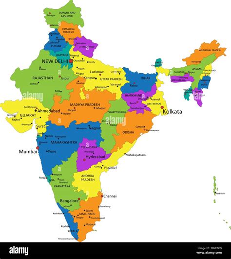 Colorful India Political Map With Clearly Labeled Separated Layers