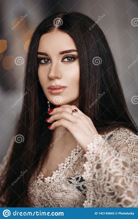 Gorgeous Brunette In Laced Dress With Make Up Stock Image Image Of