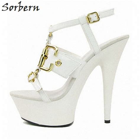 Sorbern White Shiny Heels Sandals Gold Buckles Open Toe Summer Shoes Ladies Big Size Shoes Women