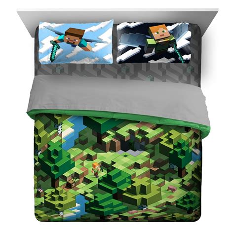 Minecraft Green Blocks 7pc Queen Kids Bed In A Bag Bedding Set W