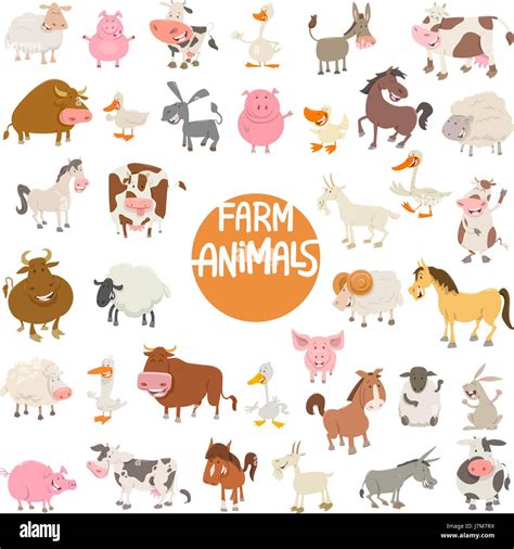 Cartoon Illustration Of Cute Farm Animal Characters Large Set Stock