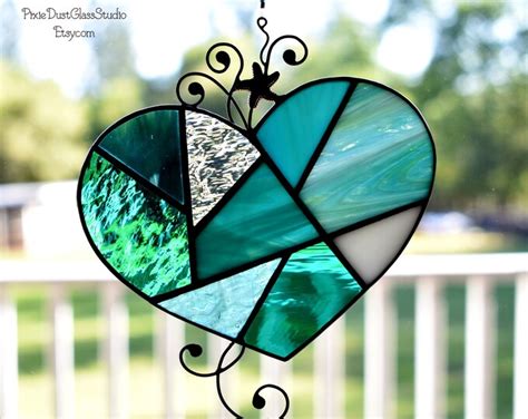 Stained Glass Heart Suncatcher Abstract Ocean Wave Heart With Starfish