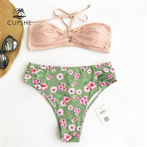 Cupshe Sweet Halter Green Print Bikini Sets Women Back Hook Swimwear 2018 Summer Girls New Beach