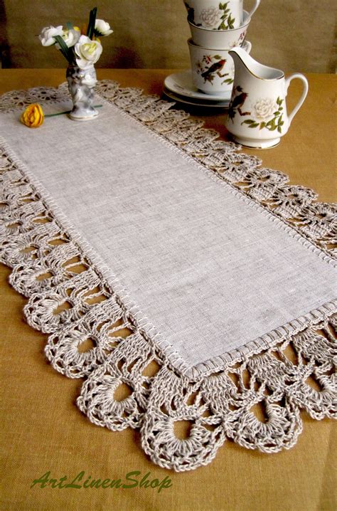 Crochet Linen Table Runners Lace Trim Doily Table Topper Etsy Linen