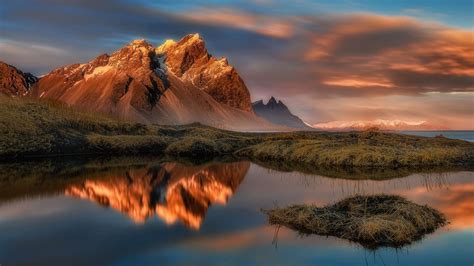 Reflection In Water Stokksnes Vestrahorn Mountain In East Iceland