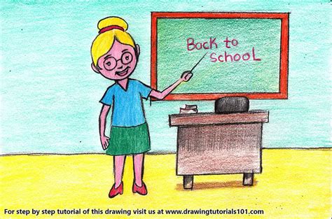 Teacher With Back To School Colored Pencils Drawing Teacher With Back