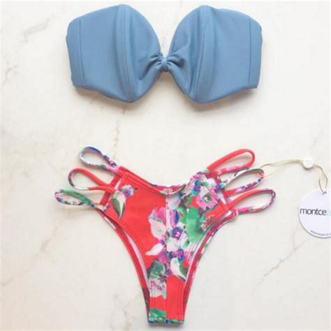sexy woemn upper blue bowknot strapless bottom red side hollow print two piece bikini on luulla