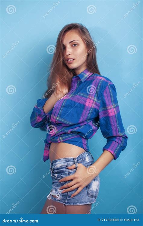 Young Pretty Girl Posing Happy Smiling On Blue Background Lifestyle People On Summer Vacation