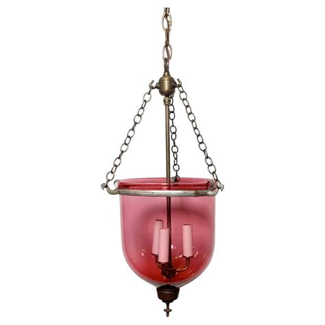 19th Century English Engraved Cranberry Glass Bell Jar Chandelier At