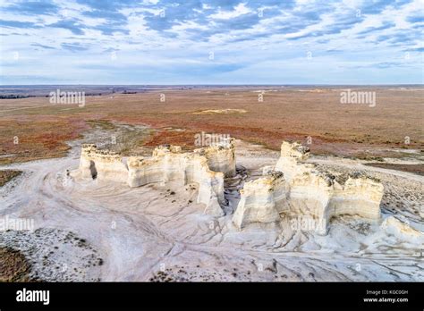 Monument Rocks Chalk Pyramids In Western Kansas Prairie Aerial View