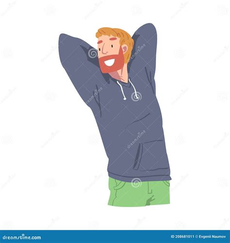 Happy Bearded Male Character With Arms Behind Head Smiling With Joy And
