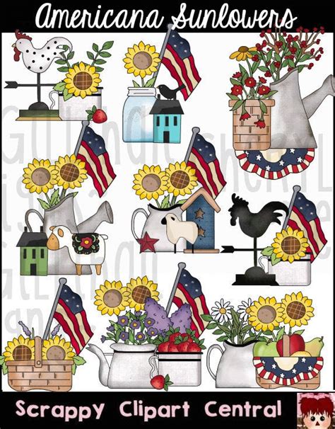 Americana Sunflowers Digital Clipart Primitive Red White And Blue Png