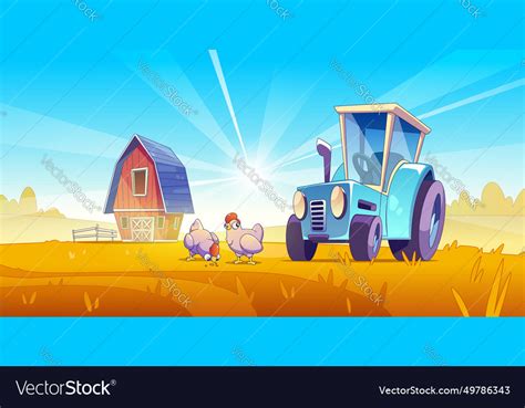 Cartoon Farm Landscape With Red Wooden Barn Vector Image