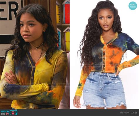 Wornontv Nias Tie Dye Button Up Top On Ravens Home Navia Robinson Clothes And Wardrobe From Tv
