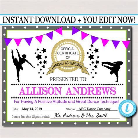 Editable Dancer Certificate Instant Download Dancing Award Etsy