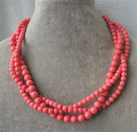 Pink Coral Bead Necklace 3 Strands Coral Pearl Necklace Etsy