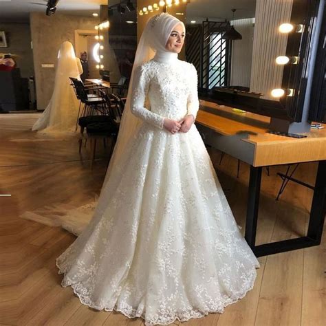 Muslim Wedding Dress With Hijab Long Sleeves Arabic Bridal Gowns Muslim Wedding Dress Muslim