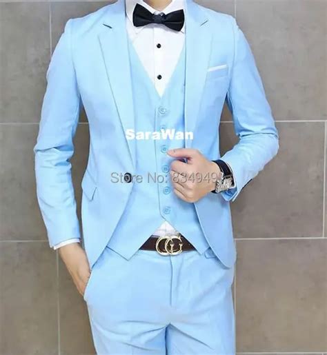 Custom Made Baby Blue Groom Suit Bespoke Tailored Sky Blue Tuxedos For