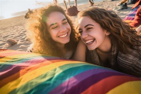 Feliz Pareja De Lesbianas Celebrando En La Playa En El Desfile Del Orgullo Lgbtq En Tel Aviv