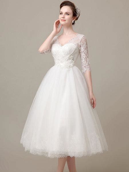 Tea Length Lace Wedding Dress with Sleeves DV2078 ? JoJo Shop Tea Length Lace Wedding Dress with Sleeves DV2078 ? JoJo Shop