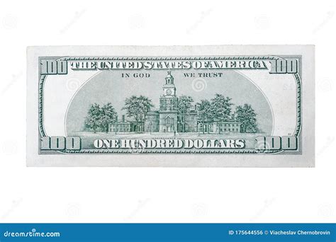 Backside Of Usa Banknote 100 American Dollars On Isolated White