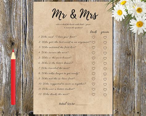 Mr And Mrs Questions Wedding Game Hen Party Game Mr And Mrs Game At Wedding Quiz Wedding