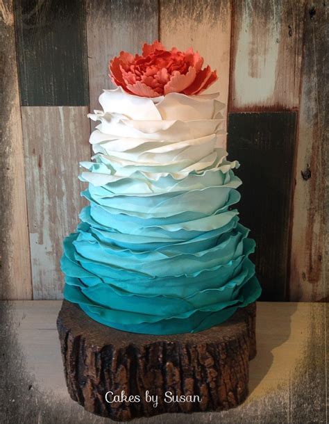 Turquoise Ombré Wedding Cake With Coral Sugar Flower Teal Wedding
