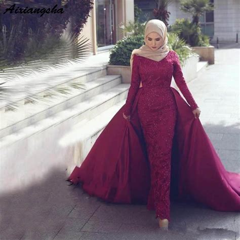 long sleeves lace beaded formal prom dress women detachable train islamic dubai saudi arabic