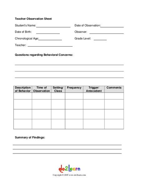 A lesson observation form is a document that practice teachers use in order to state their observations of the basic roundabouts in a classroom. Teacher Observation Sheet Printables & Template for Kindergarten - 12th Grade | Lesson Planet