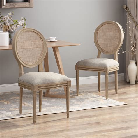 Noble House Ashlyn Wooden Dining Chair With Wicker And Fabric Seating