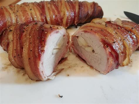 Homemade Bacon Wrapped Pork Tenderloin Stuffed With Apples And Onions