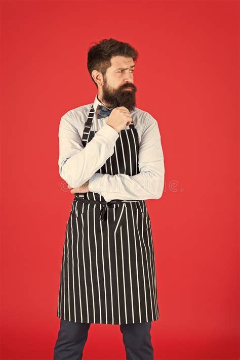 Man With Beard Cook Hipster Apron Hipster Chef Cook Red Background Bearded Man Chef Cooking