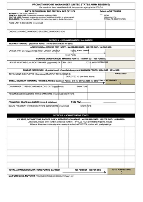 Fillable Da Form 3355 Promotion Point Worksheet United States Army
