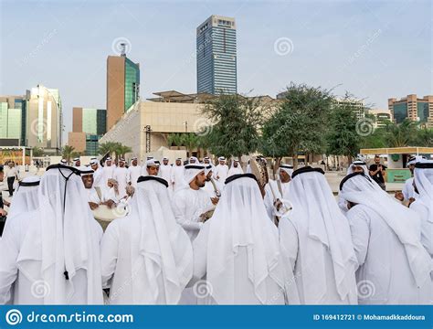 Middle Eastern Culture Emirati Men Performing Al Ayala Traditional