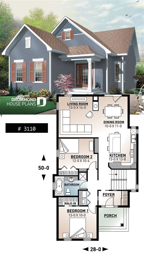 Cape Cod Bungalow House Plan Spacious 2 Bedroom Fireplace Ideal For