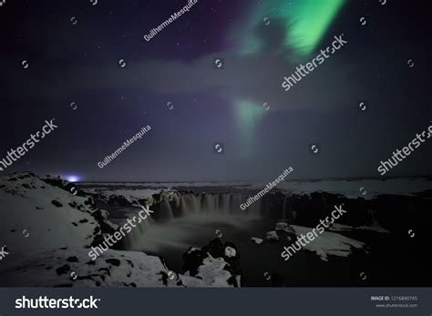 Northern Lights Godafoss Waterfall Winter Iceland Stock Photo