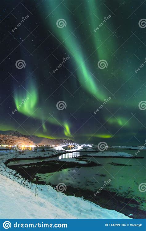 Northern Lights In Winter Time In Norway Amazing View At Night In