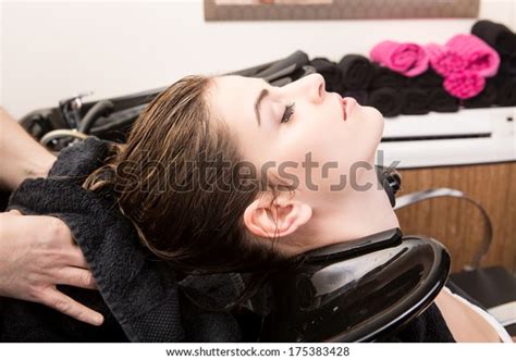 Beautiful Woman Washing Her Hair Hairsalon Stock Photo