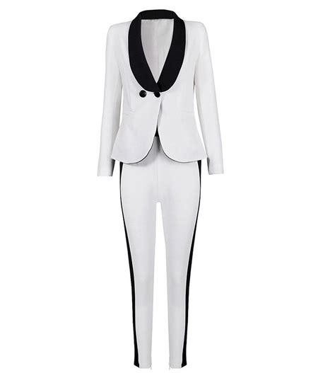 Hego Womens 2016 New Fashion White Black Double Breasted Pant Suits