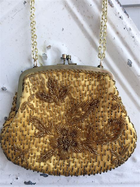 Vintage Gold Satin Floral Beaded Evening Formal Purse Gld Tone Frame