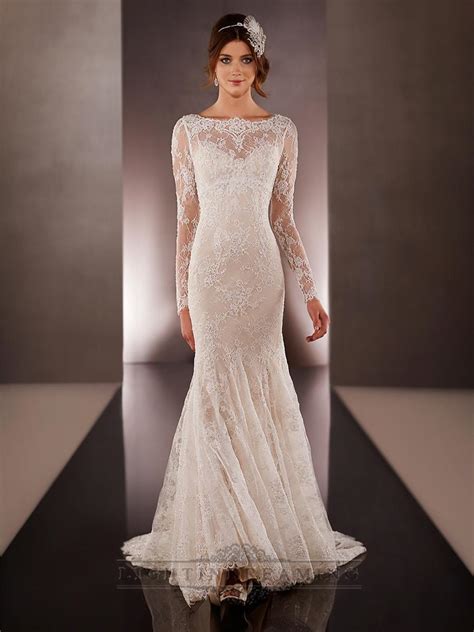 illusion long sleeves bateau neckline embroidered wedding dresses with low v back
