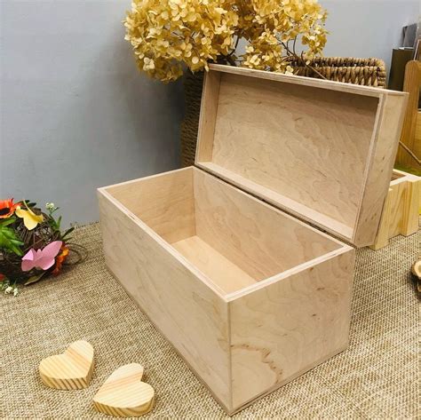 Large Wooden Box With Hinged Lid Unfinished Wood Box Etsy